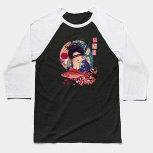 Collage Geisha Samurai in Coral, Indigo and Marsala Baseball T-Shirt